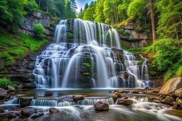 Obraz premium Large wide cascading waterfall in the forest with water flowing down the mountainside