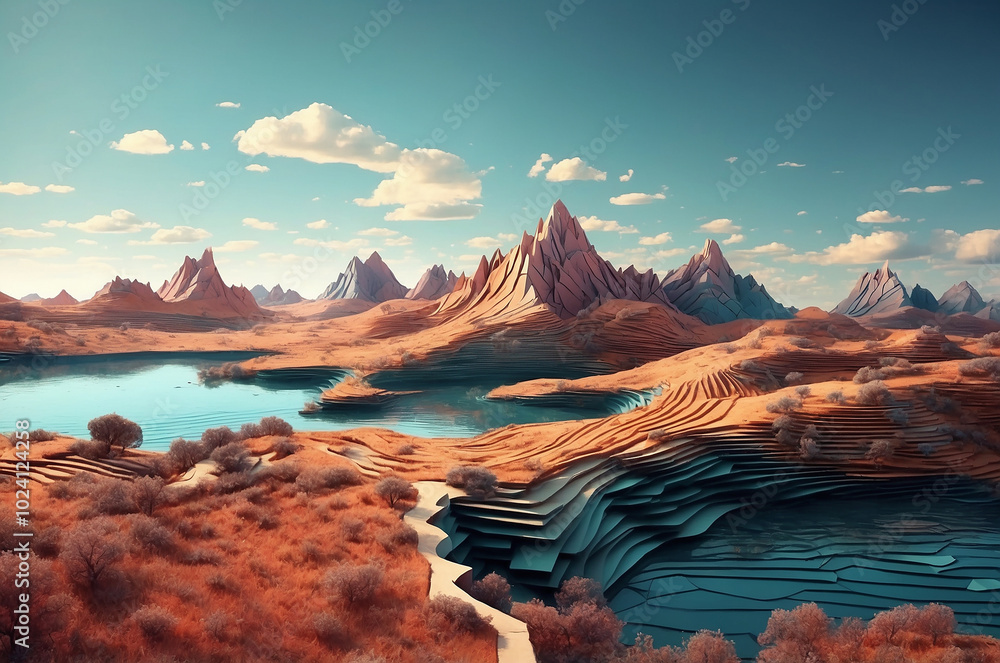 Poster digital landscape with geometric shapes and patterns, seamlessly transitioning from a 3d environment