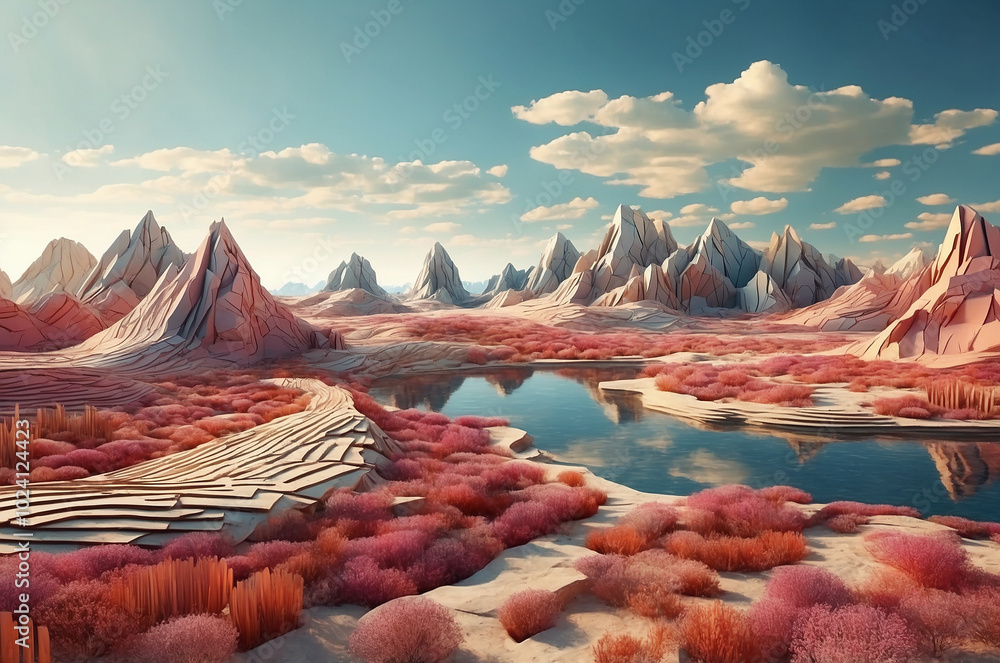 Poster digital landscape with geometric shapes and patterns, seamlessly transitioning from a 3d environment