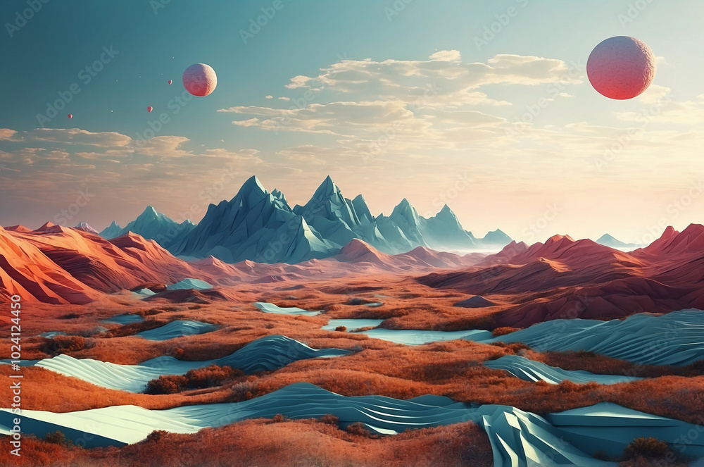 Poster digital landscape with geometric shapes and patterns, seamlessly transitioning from a 3d environment