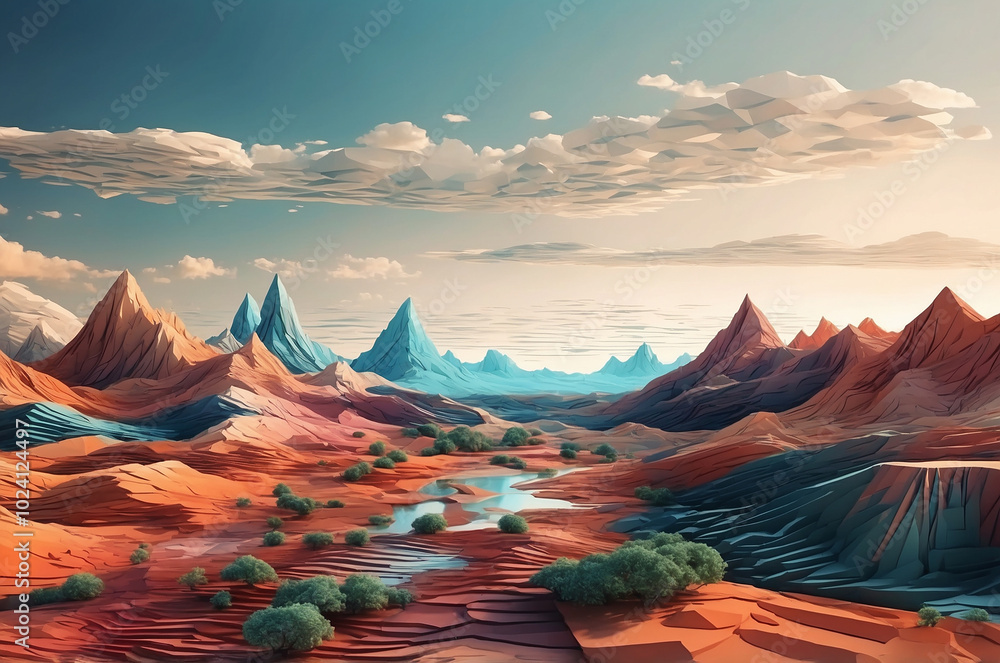 Poster digital landscape with geometric shapes and patterns, seamlessly transitioning from a 3d environment