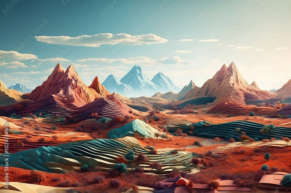 Poster digital landscape with geometric shapes and patterns, seamlessly transitioning from a 3d environment