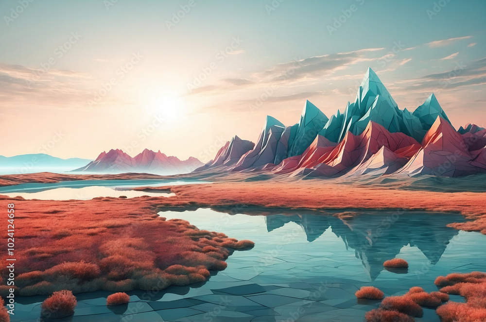 Poster digital landscape with geometric shapes and patterns, seamlessly transitioning from a 3d environment