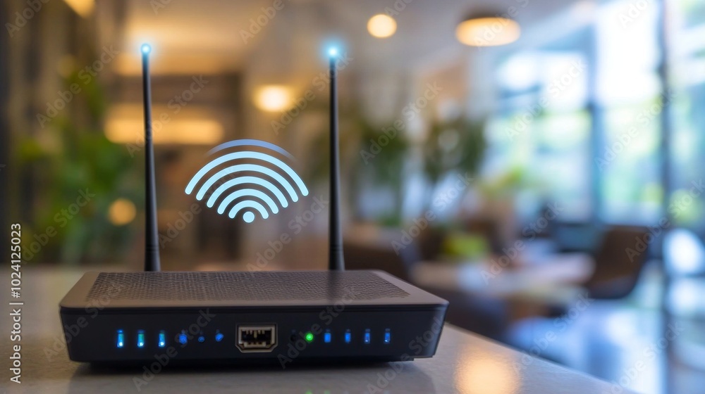 Poster close-up of wireless router with signal indicators