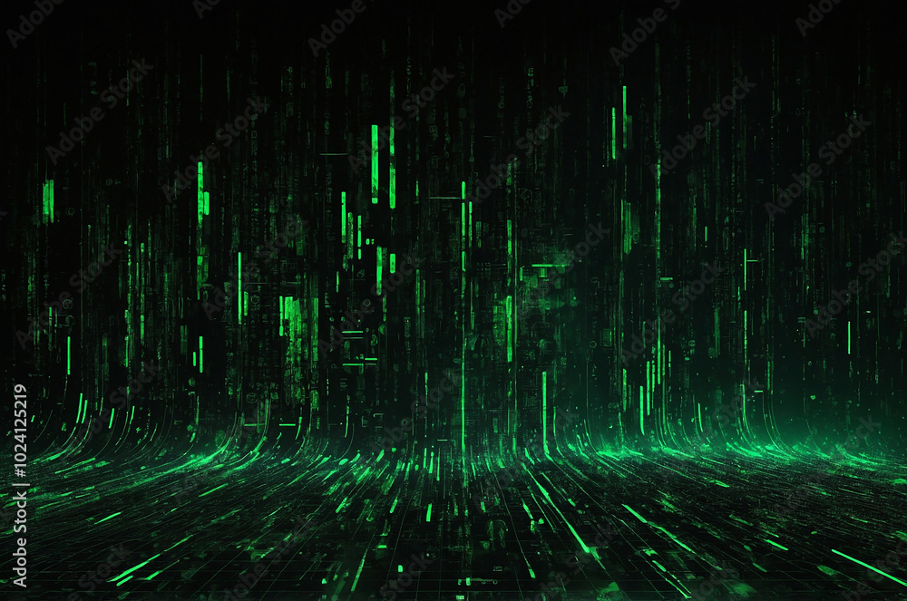 Poster digital matrix-inspired background featuring cascading green code on a black backdrop, with glowing 