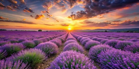 Lavender field with beautiful sunset in the background creating depth of field