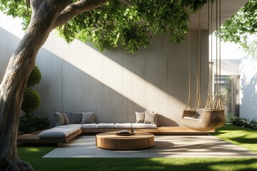 Exterior living area behind a wall with furniture, swing and garden with large trees, illustration