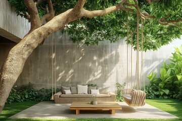 Exterior living area behind a wall with furniture, swing and garden with large trees, illustration