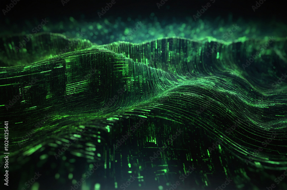 Poster digital matrix-inspired background featuring cascading green code on a black backdrop, with glowing 