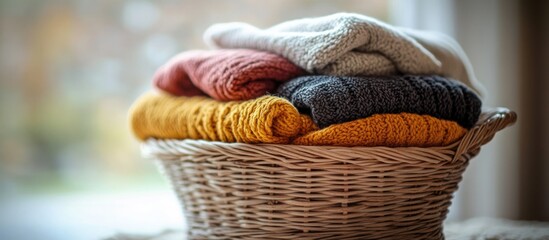 Obraz premium Stack of knitted sweaters in a wicker basket.