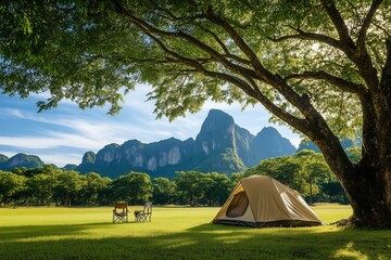 Camping tent on the grass under big trees. See the scenery of limestone mountains.