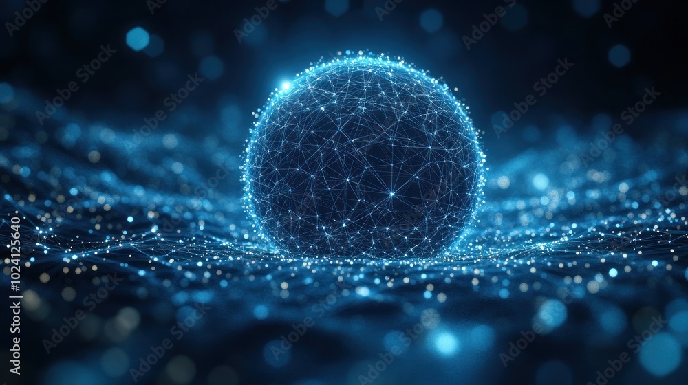 Poster a glowing sphere of connected dots on a blue, abstract background.