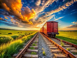 Fototapeta premium Last Train Car on Rural Saskatchewan Tracks: Scenic View of Canada’s Countryside and Railways in a Serene Landscape