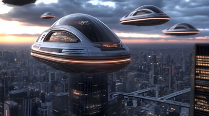 Obraz premium Futuristic nighttime cityscape with flying vehicles sky bridges and glowing neon lights illuminating a modern advanced urban landscape of towering skyscrapers and sleek innovative architecture