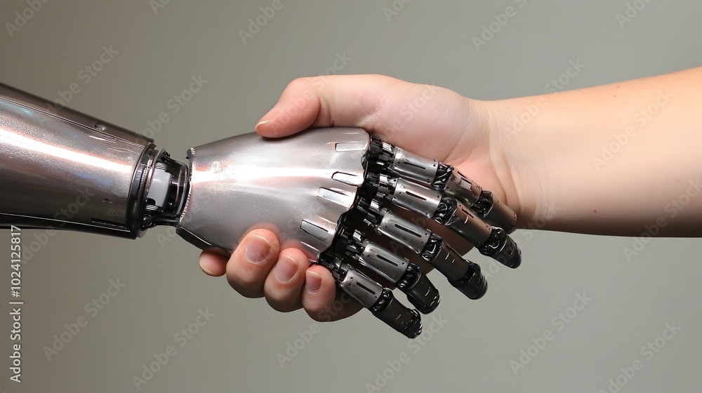 Poster close up of a robotic hand shaking hands with a human symbolizing the and between technology and hum