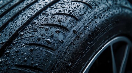 Close-Up of Car Tire with Rain Drops, Macro Photography in High Resolution