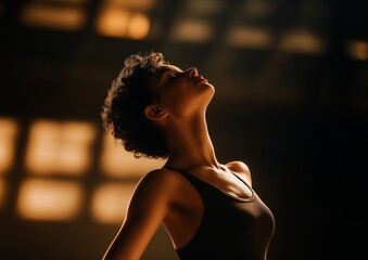 woman standing eyes closed backlighting black young contemporary dance poses reaching towards heavens neckline early meditating girl news top rated swan embracing