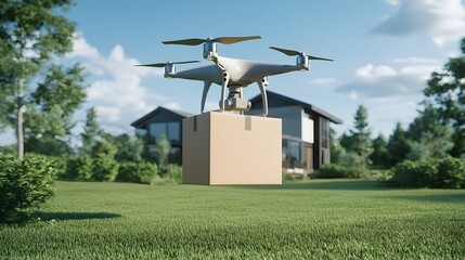 Fototapeta premium Aerial view of a drone delivering a package to a modern suburban house with well manicured green lawns and contemporary architectural design