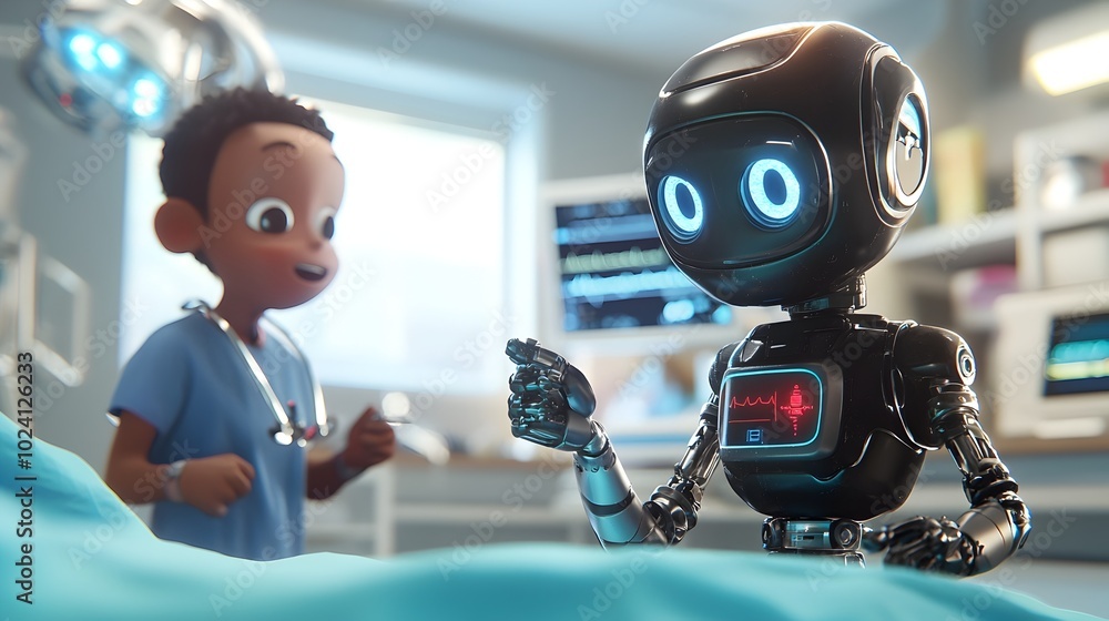 Poster futuristic scene of a robot collaborating with a doctor to perform a medical surgery in a high tech 