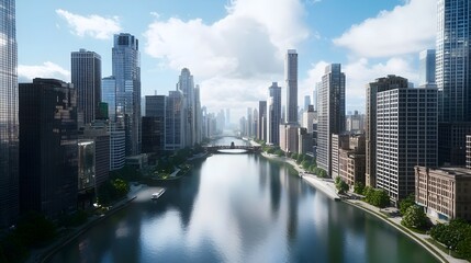 Obraz premium Panoramic view of a bustling modern city skyline featuring a vast array of high rise commercial and office buildings with a serene river flowing through the heart of the urban landscape