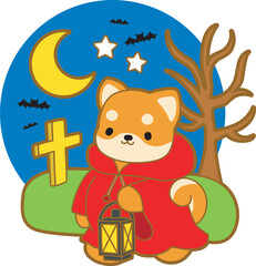 Cute puppy kawaii dog lovely animal halloween vector. Fluffy Shiba Inu pet stickers. Happy doggy activities illustrations.