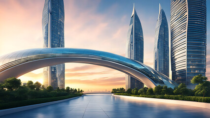 Obraz premium Modern luxury architecture building outdoor landscape, advanced minimalistic curved shape design, futuristic city skyline surreal background, construction engineering technology 3d digital art