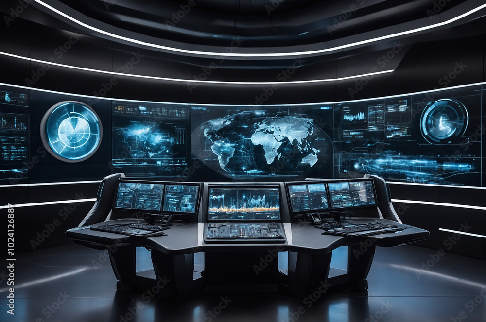 Poster futuristic control room background with illuminated screens and interfaces displaying real-time data