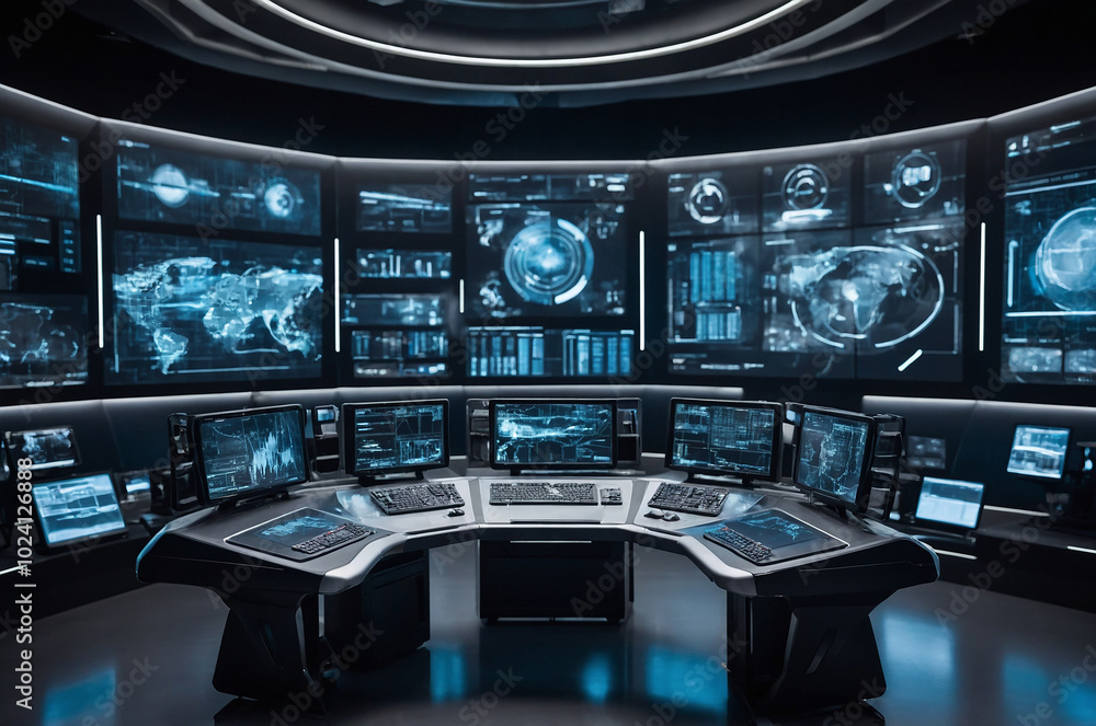 Aufkleber futuristic control room background with illuminated screens and interfaces displaying real-time data