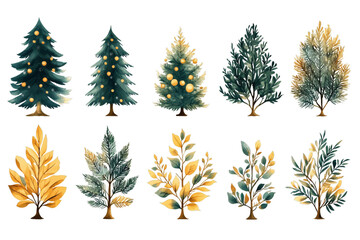 Fototapeta premium Watercolor Tree Illustrations: Green and Yellow Foliage