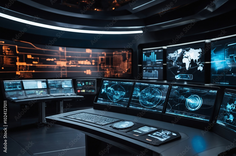 Poster futuristic control room background with illuminated screens and interfaces displaying real-time data