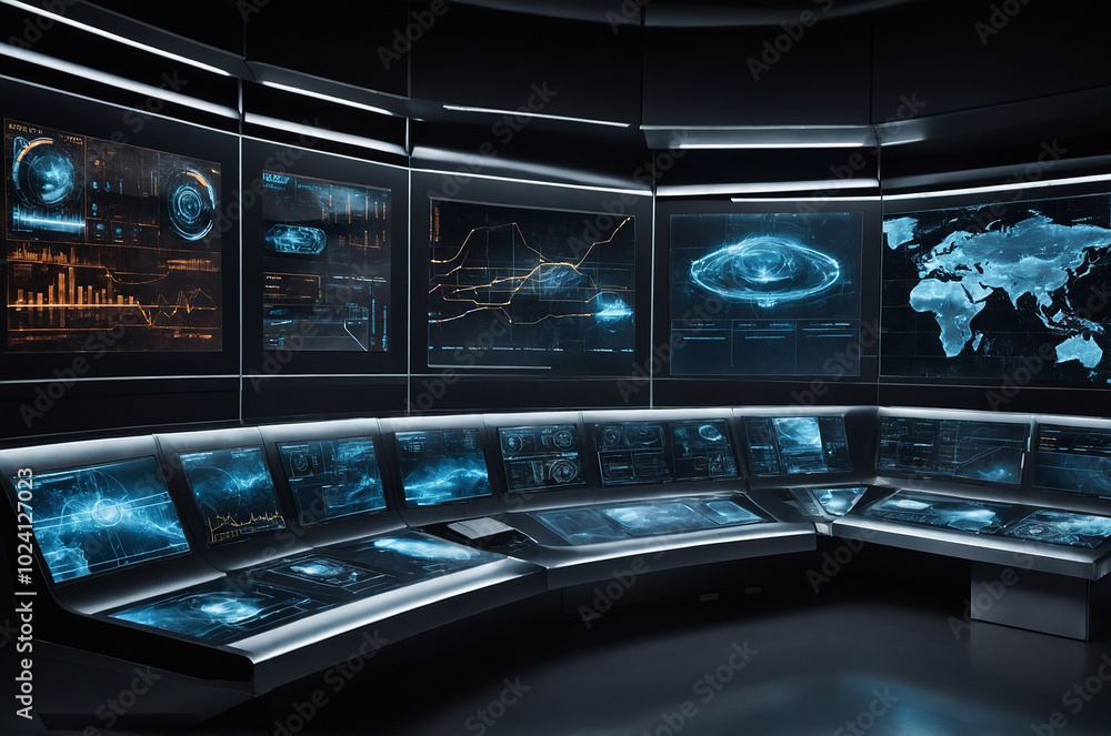 Poster futuristic control room background with illuminated screens and interfaces displaying real-time data