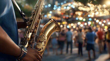 Obraz premium Talented street musician mesmerizing passersby with captivating saxophone performance in the heart of a bustling city plaza drawing a crowd of enchanted onlookers