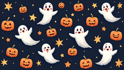 Cute halloween ghosts and pumpkins repeating pattern in vestor illustration Ghostly Halloween Night