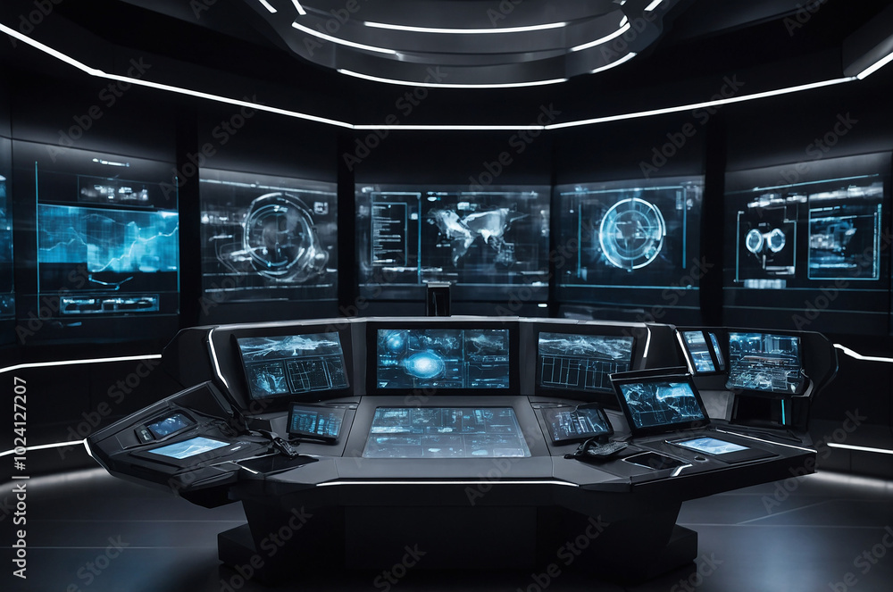 Poster futuristic control room background with illuminated screens and interfaces displaying real-time data