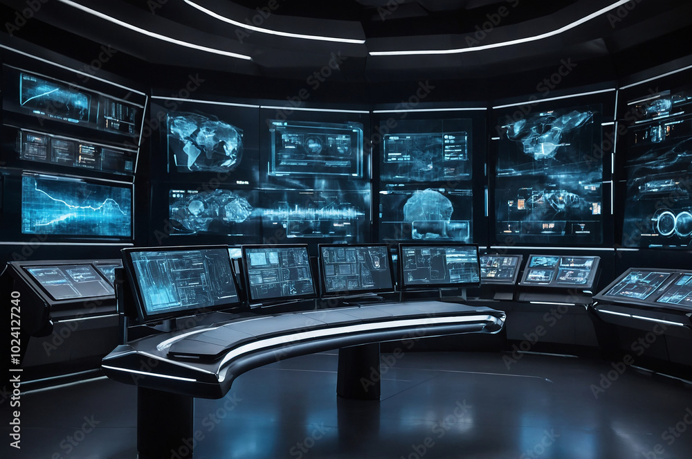 Poster futuristic control room background with illuminated screens and interfaces displaying real-time data