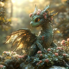 Obraz premium Enchanted Dragon with Rose Crown in the Forest