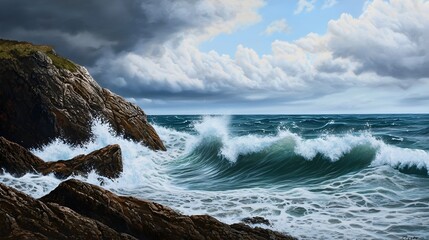 Majestic rocky coastline with powerful waves crashing against rugged cliffs under a dramatic stormy sky  Scenic seascape with a sense of nature s raw power and elemental forces