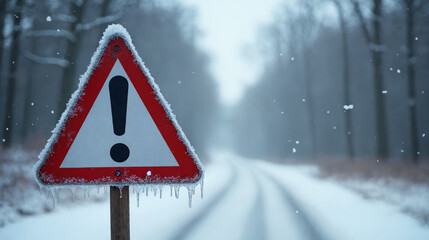 Warning sign covered in snow on a snowy road in a winter forest