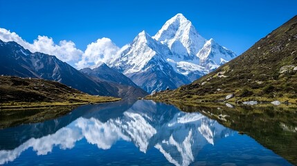 Fototapeta premium Breathtaking snow capped mountain peaks are perfectly reflected in the crystal clear waters of a serene alpine lake creating a mesmerizing and natural landscape