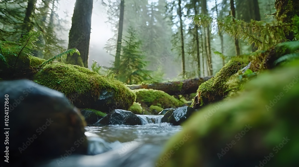 Poster lush and towering enchanted forest with a narrow stream flowing through moss covered rocks creating 