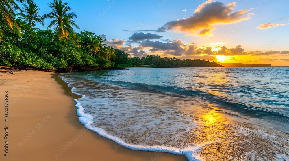 Poster serene and calming scene of a quiet beach at sunset with soft waves lapping at the shore and a vibra