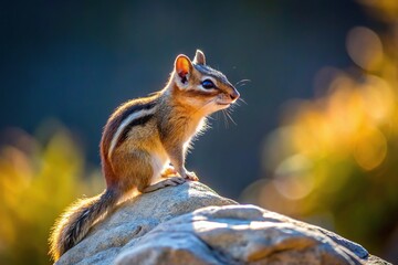 Fototapeta premium Least chipmunk in backlighting on a rock in Lassen County California USA