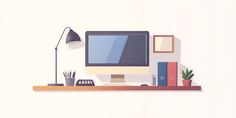 Minimalist Flat Illustration of a Desktop with Computer, Desk Lamp, and Plants
