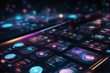 Futuristic interface design showcasing holographic buttons and menus, set against a dark, starry background with ethereal glows and dynamic animations.
