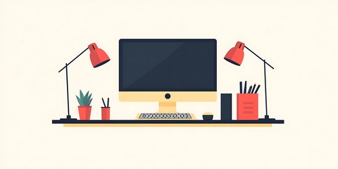 Illustration of a Modern Desk with Computer and Supplies