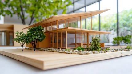 Fototapeta premium A close up view of a sleek minimalist modern house featuring a clean geometric design and the use of natural materials such as wood glass and stone