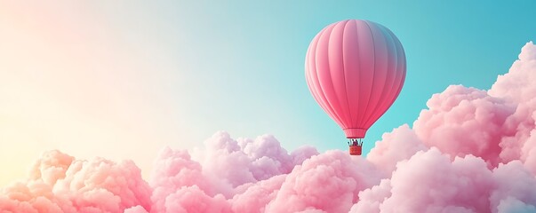 Pink Hot Air Balloon Soaring Above Clouds 3D Illustration