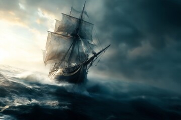 Fototapeta premium large boat sailing stormy day cold ghostly pirate scratches travelers floating alone disappearing