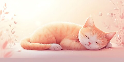 Cute Orange Kitten Sleeping Illustration with Soft Pink Background
