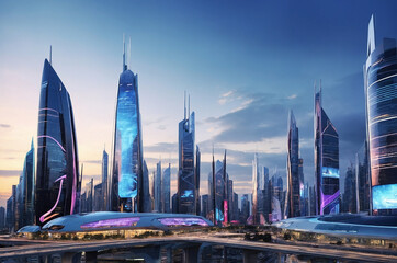 Obraz premium Futuristic urban skyline at dusk, featuring high-tech buildings with dynamic light displays and interactive billboards, reflecting a thriving digital environment.
